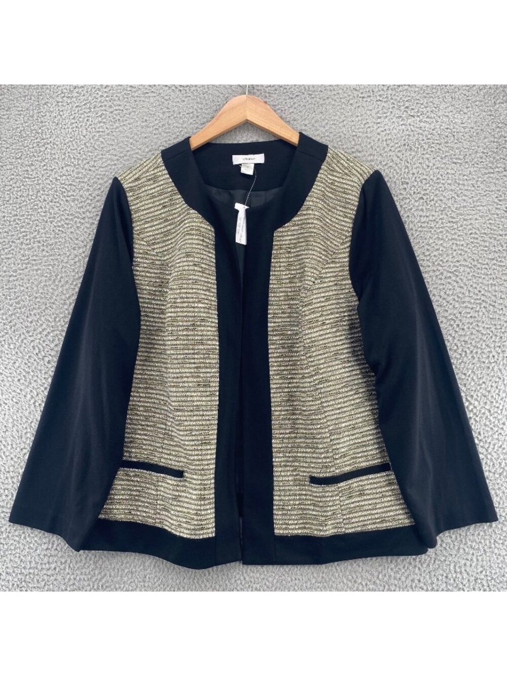 CJ Banks Jacket Womens 2X Black Gold Shimmer Tweed Striped Coatigan Pockets NWT